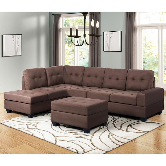 Topcobe Ensemble de Canapé Sectionnel Canapé-Lit avec Chaise Réversible, Canapé 3 Pièces avec Pouf de Rangement et Porte-Gobelets (Brun)