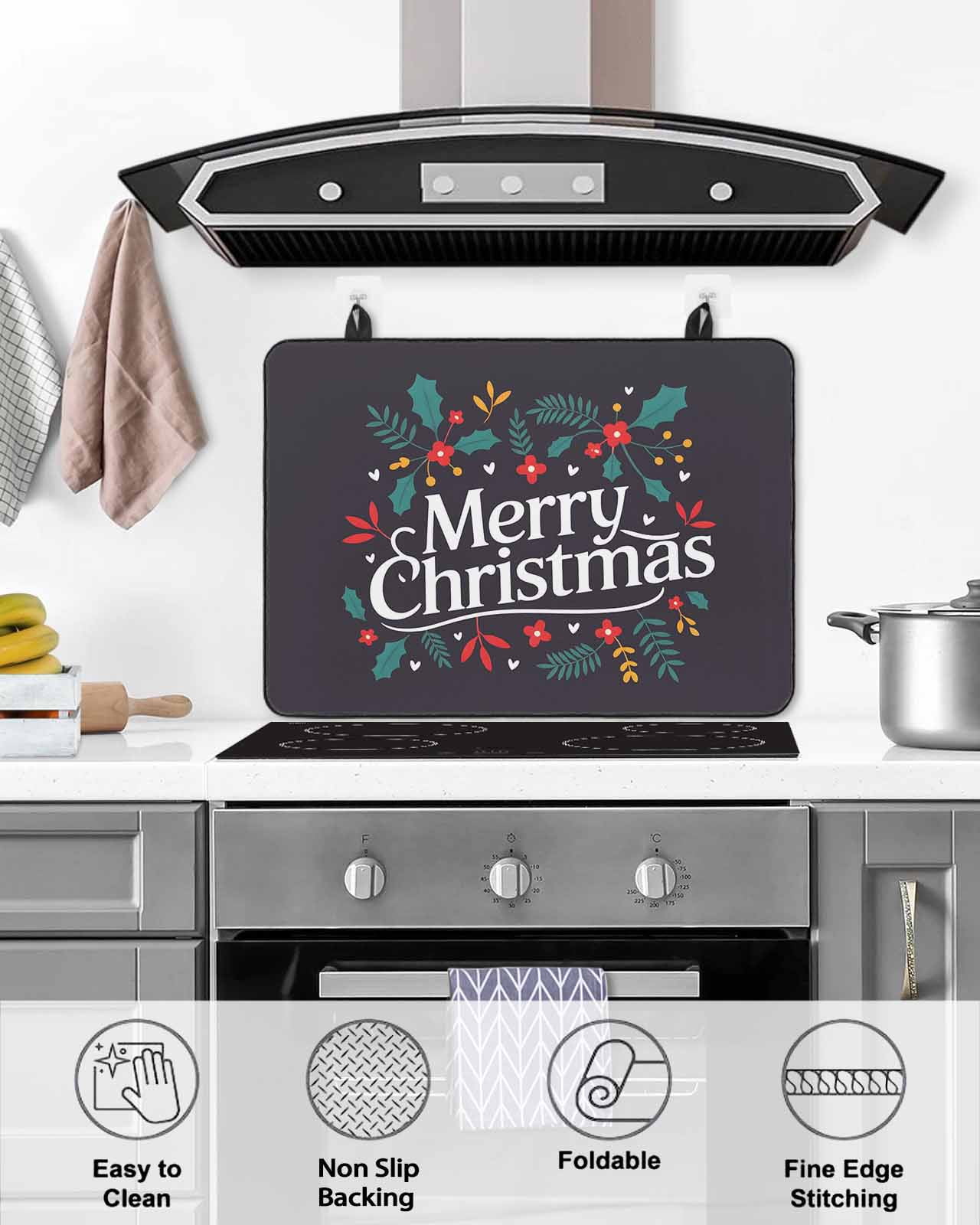 Large Induction Cooktop Protector Mat Merry Christmas Stove Top Covers for Electric Stove, Xmas Winter Holly Berries Plant Decorative Stove Burner Cover Mats, Glass Top Stove Cover