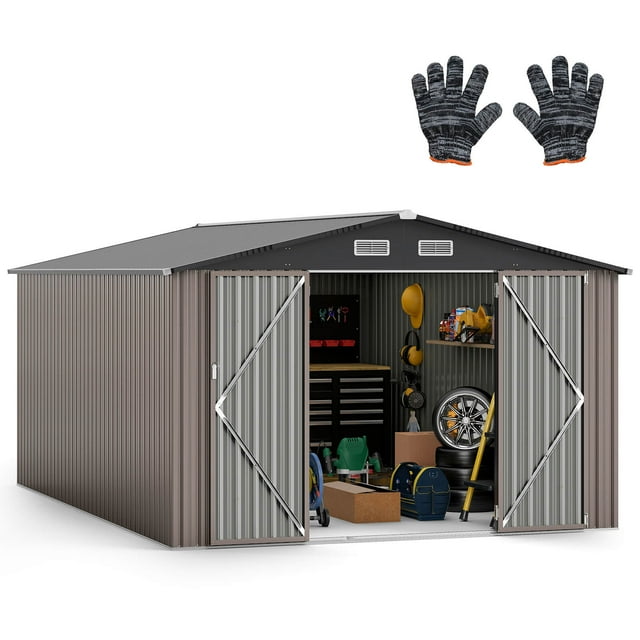 Costway 10 x 14 FT Outdoor Storage Shed with Improved Windproof Metal Structure and 4 Vents. The shed features a grey galvanized metal construction with a pitched roof for water drainage and reinforced beams for stability. The double lockable doors provide secure access, while the 4 air vents ensure proper ventilation. The spacious interior, shown with tools, garden equipment, and storage items, offers 668 cu.ft of storage capacity. Includes two pairs of gloves for safe assembly.