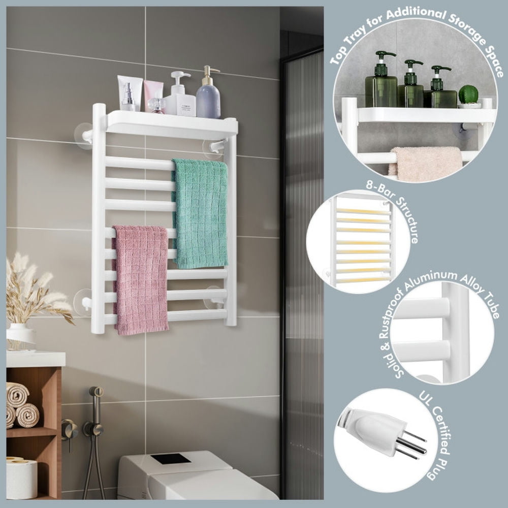 Finihen Wall Mounted Towel Rack, Electric Heated Towel Rack, 110W Electric Heated Towel Rack with Top Tray, for Bathroom and Kitchen, White