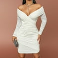 thumbnail image 6 of LYEAA Formal Dresses for Women Short Sparky Long Sleeve V Neck Sparkly Mini Dress Off Shoulder Elegant Dress Bodycon Plain Evening Gown Cocktail Dress Holiday Party Club Dress Stretchy Dress White M, 6 of 6