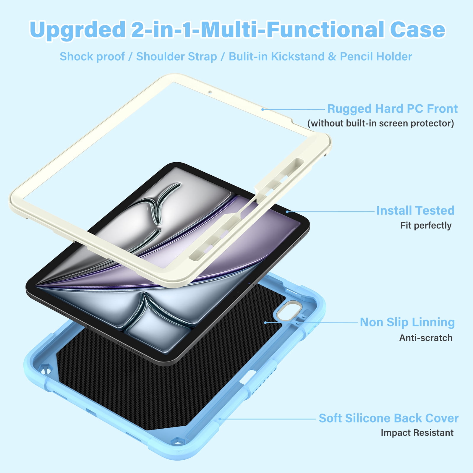 For iPad A16 11th 10th Generation 2025/2022 Case, Rugged Hybrid Cover with Butterfly Wings Hidden Kickstand Pencil Holder Adjustable Shoulder Strap Drop Resistant Anti-Scratch Fashion Case,Blue+Beige