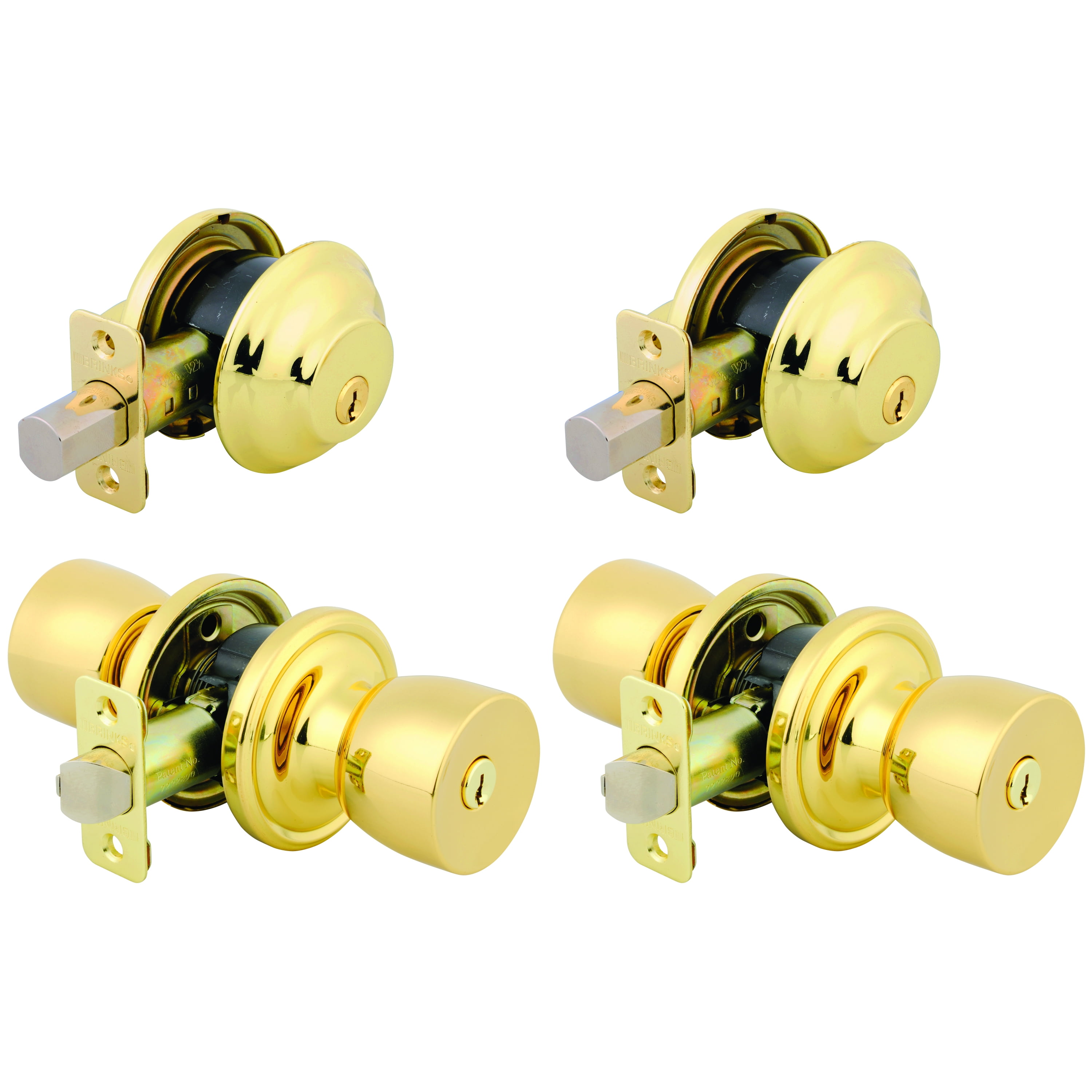 Brink's Door Knob and Deadbolt Combo, Polished Brass Finish, Twin Pack