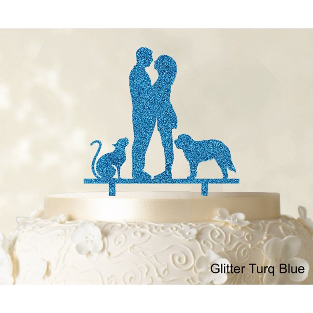 Couple Wedding Cake Topper With Pets Silhouette Wedding Topper Cake Decorations Color Option Available 6.5-7.5 Inches Wide