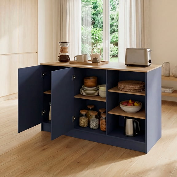 Tuhome Ginger Kitchen Island Three Open Shelves Two Cabinets Doors in Multicolor