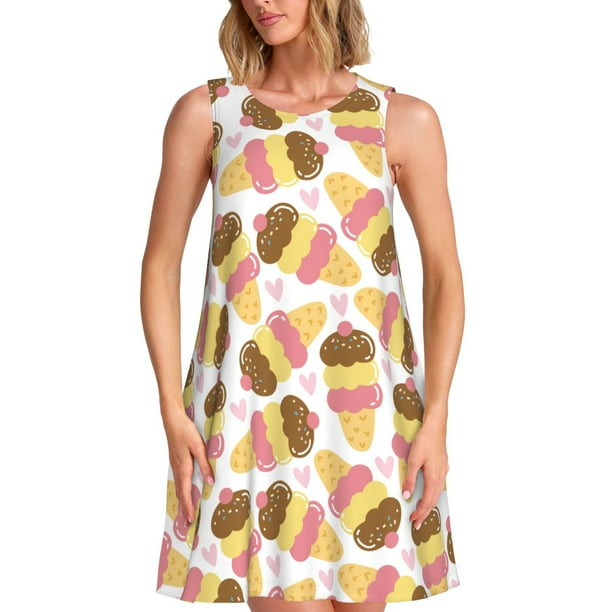 Easygdp Cute Ice Cream para Vestido Transpirable de Mujer, Vestido Suelto de Manga Corta con Pliegues y Bolsillos para el Verano