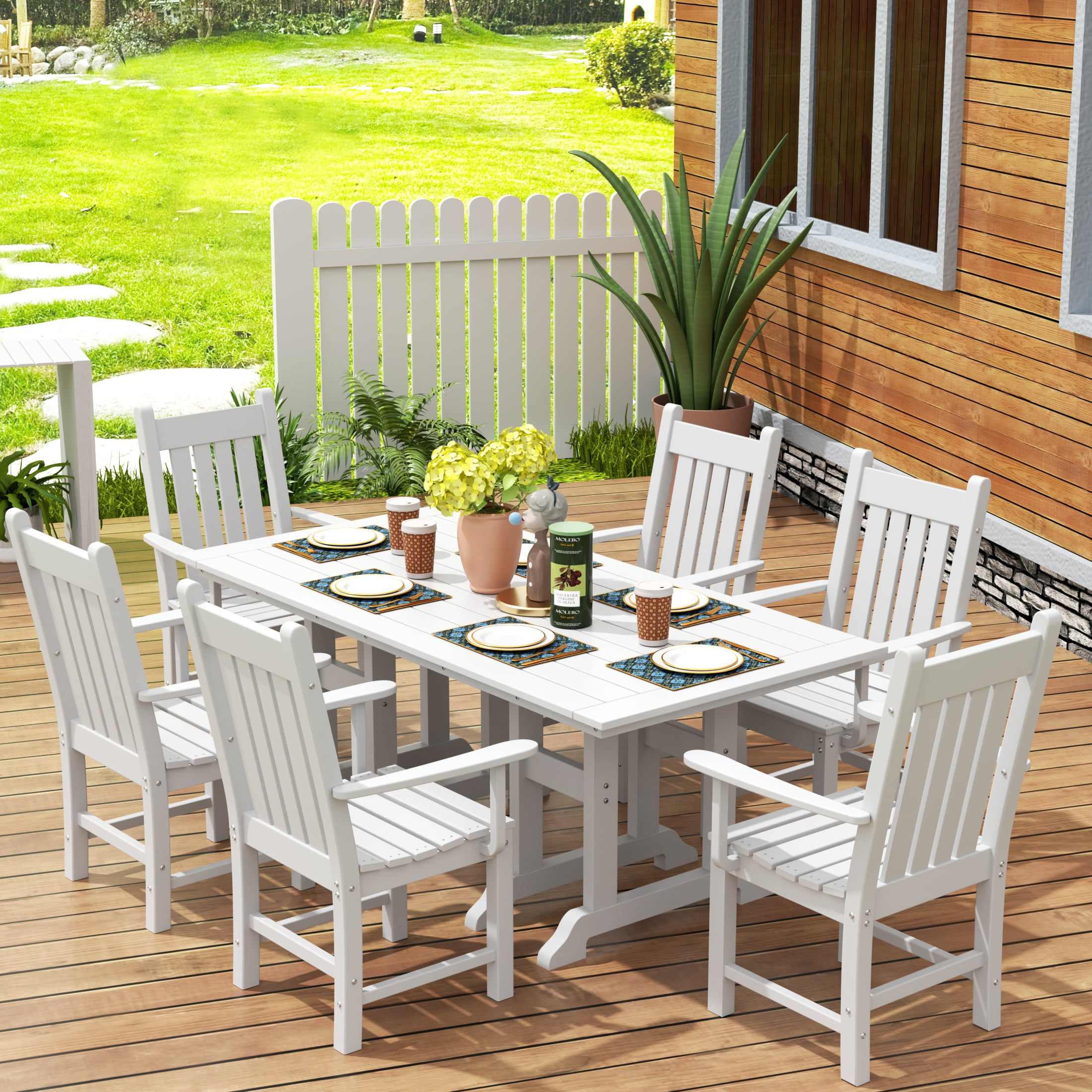 WestinTrends Malibu 7 Piece Outdoor Dining Set, All Weather Poly Lumber Patio Table and Chairs Furniture Set, 71" Trestle Dining Table with Umbrella Hole and 6 Arm Chairs, White
