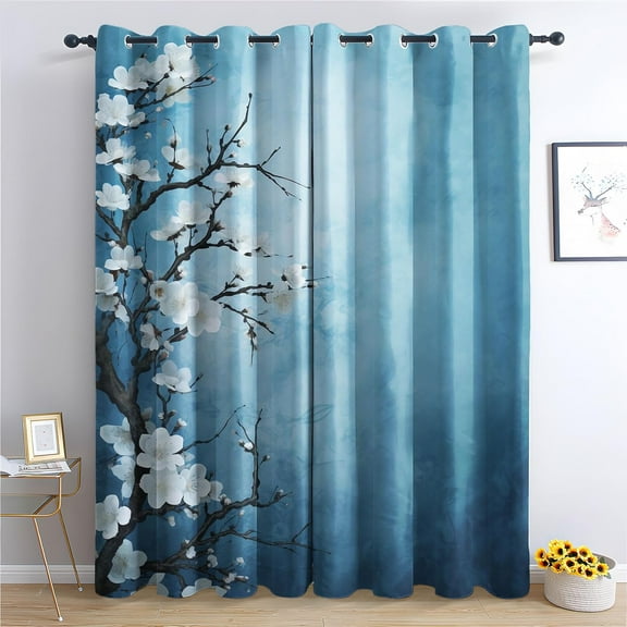 Almond Blossom Blackout Curtains For Bedroom Living Room, Teal Curtains & Home Decor, Floral Window Curtains, Thermal Room Darkening Grommet Drapes 52"W x 84"L (Pack of 2)
