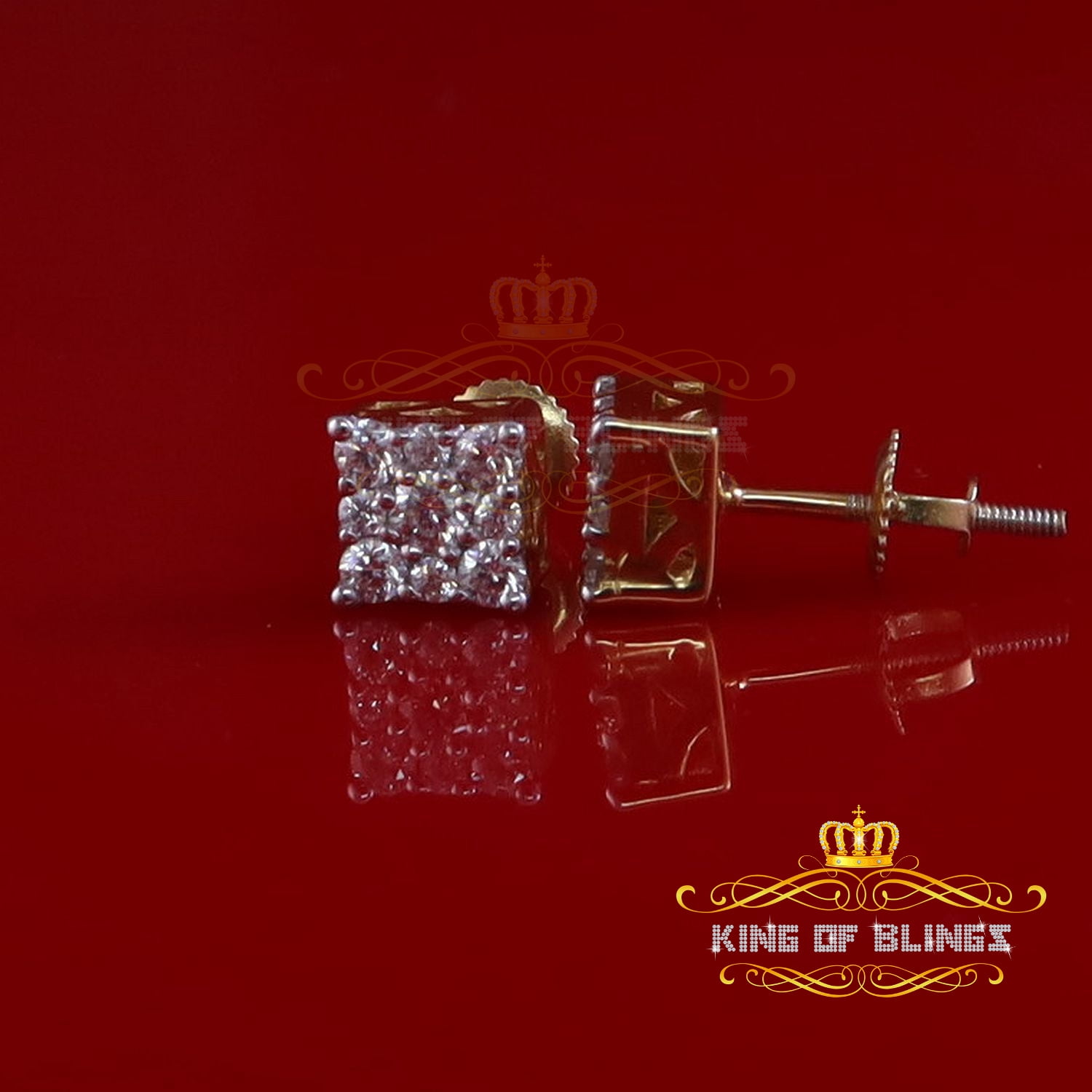 King of Bling's 1.00ct Square Earrings For Mens & Womens Moissanite 925 Sterling Silver Yellow
