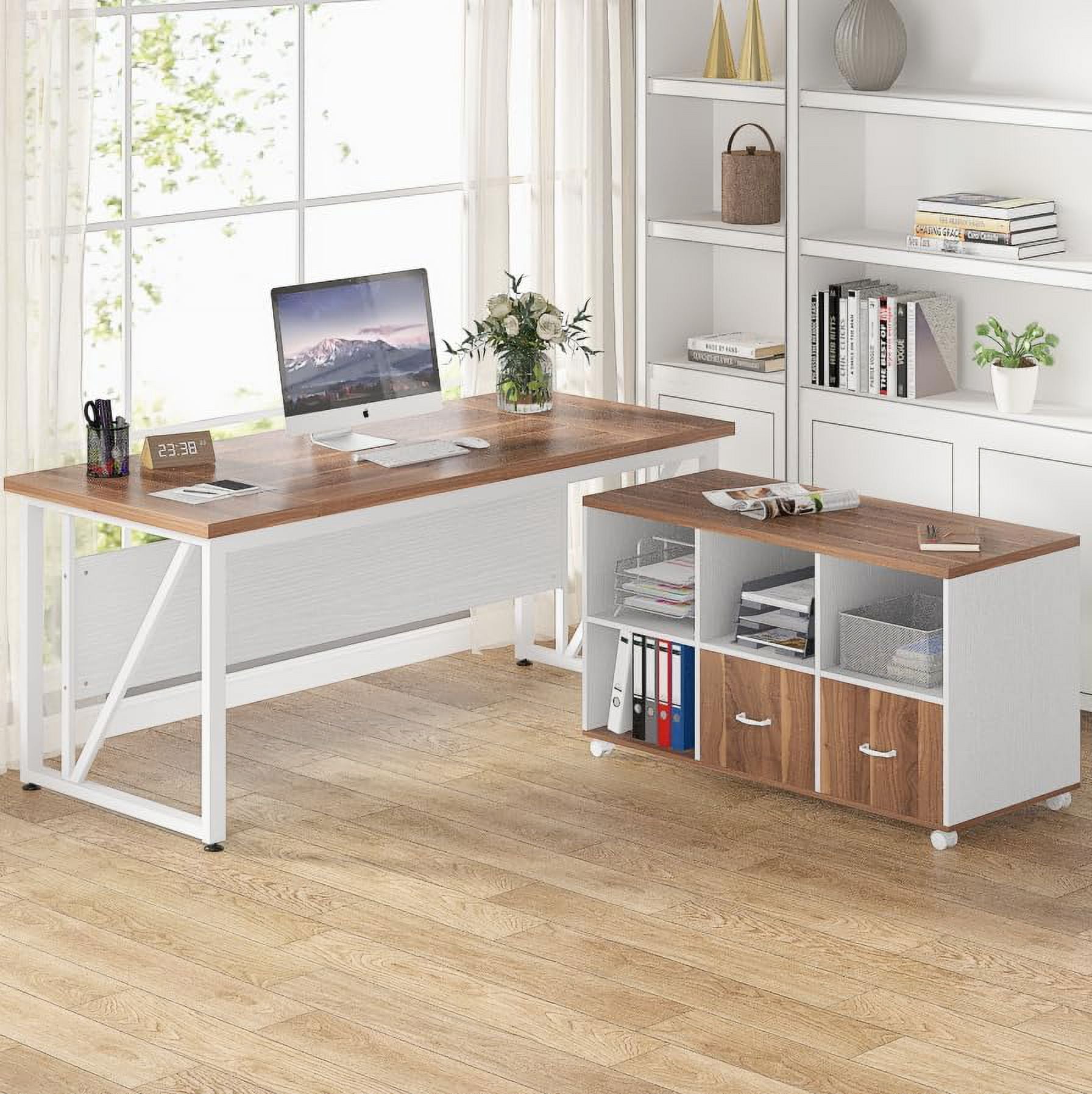Finmind 63 inch Executive Desk and 47" lateral File Cabinet, L-Shaped Computer Desk Home Office Furniture with Drawers and Storage Shelves
