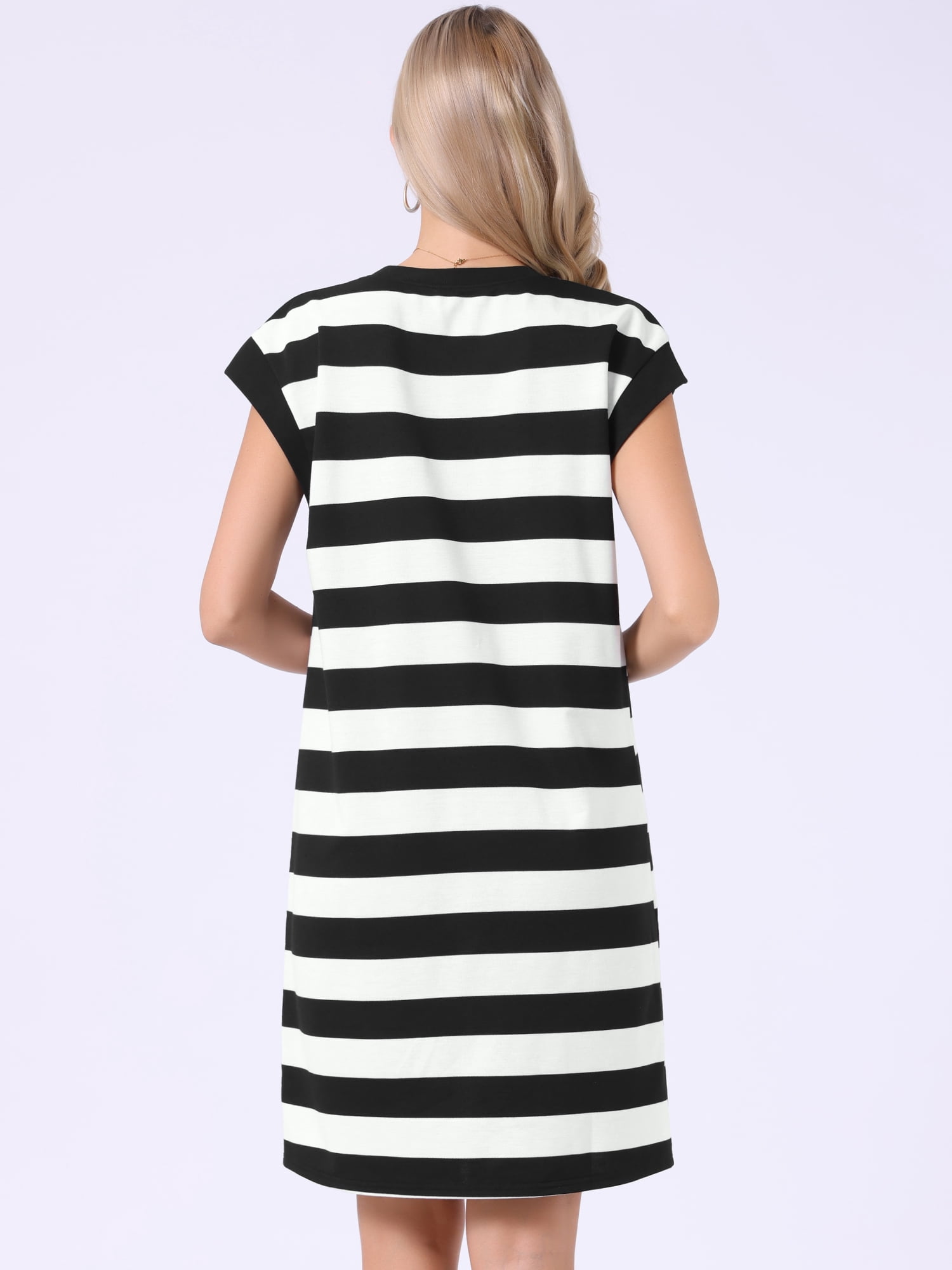 DARING DIVA Women's A-Line Striped Cap Sleeve Color Block Tshirt Dress XS Black and White