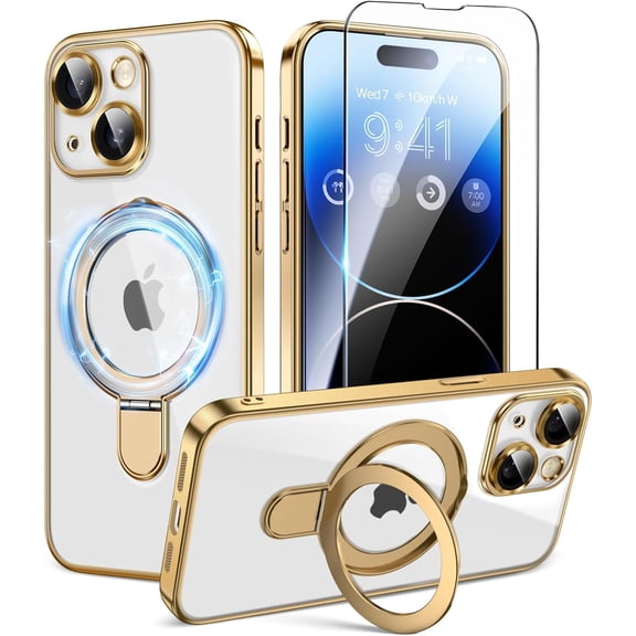 for iPhone 14 Case with Magnetic Ring Stand [Compatible with MagSafe],Full Camera Cover Protector with Screen Protector Shockproof Protective cover 14 phone case,Clear Gold