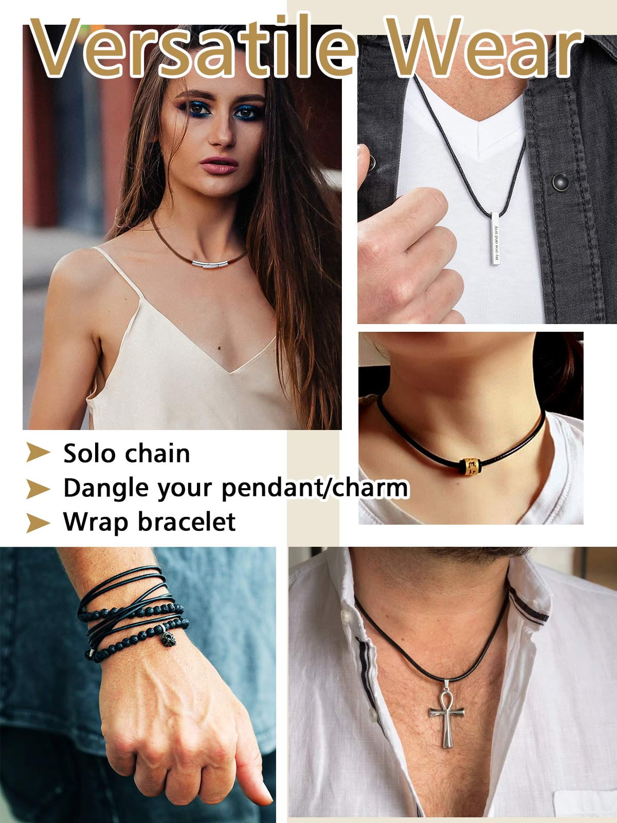 FindChic Black Waterproof Braid Leather Cord Necklace for Men, 2mm/3mm Width 16-30 inch Stainless Steel Chain Necklace Waxed Rope Chain to Match Pendant for Dad Husband, with Gift Box
