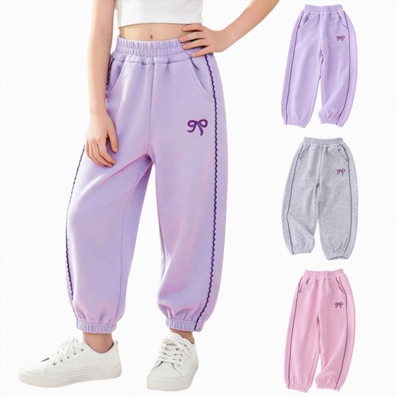 5-6 Years Juniors Girl's Bowknot Baggy Sweatpants Lightweight Straight Leg Athletic Pants With Pockets Cargo Pants for Fall and Winter Purple Casual Pants