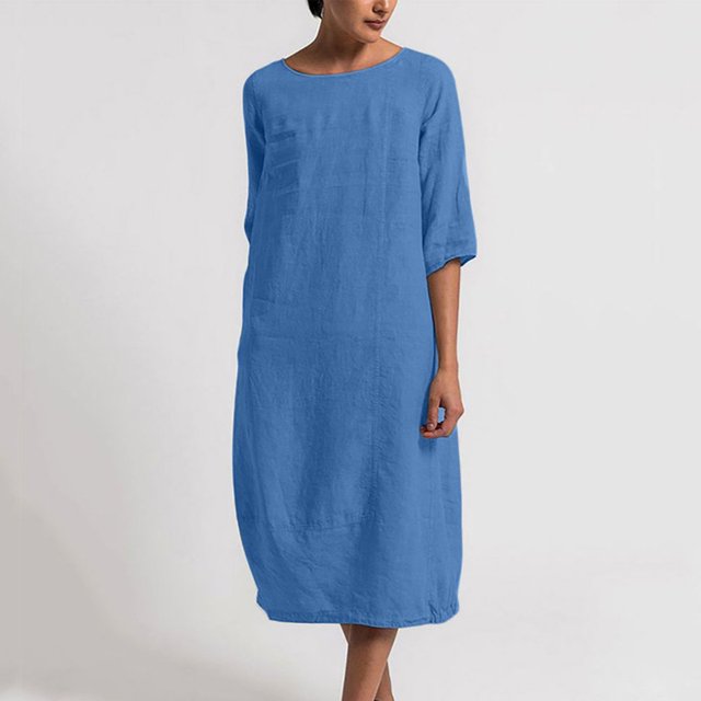 JUNWELL Robes en Coton et Lin pour Femmes Grande Taille Col Rond Manches Mi-Longues Coupe Ample Couleur Unie Robes Midi Douces