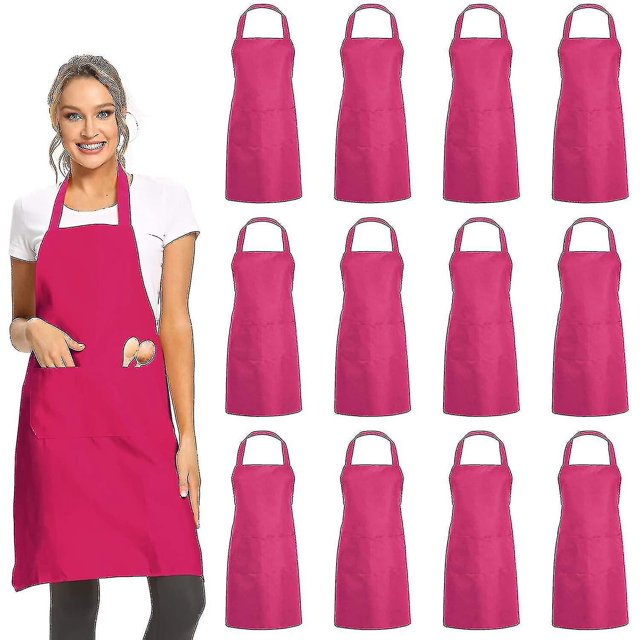 Evago Paquete de 12 delantales con pechera lisos y 2 bolsillos - Delantal comercial unisex negro a granel (hy)