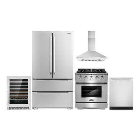 Cosmo 5 Piece Kitchen Appliance Package with 30  Freestanding Gas Range 30  Wall Mount Range Hood 24  Built-in Fully Integrated Dishwasher French Door Refrigerator & 48 Bottle Wine Refrigerator