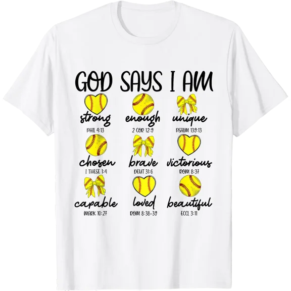 Coquette Bows God Say I Am Christian Softball Bible Verse T-Shirt Size S-5XL
