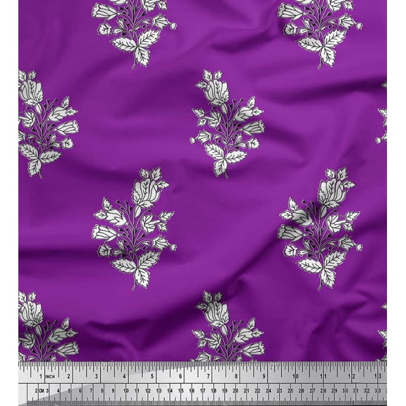 Soimoi Silk Fabric Leaves & Floral Block Printed Fabric 1 Yard 42 Inch Wide
