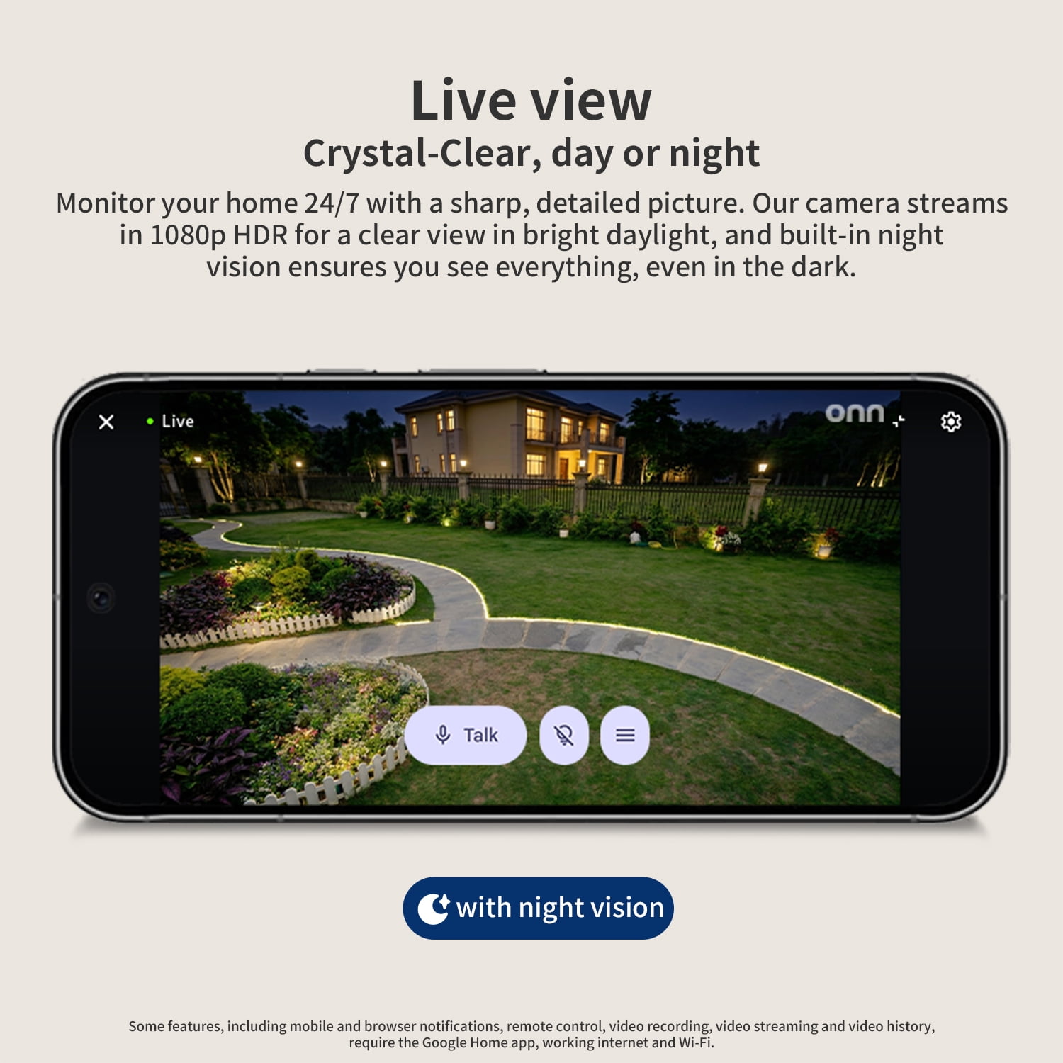 onn Outdoor Floodlight Camera Hardwired , 1080p HDR Video | with Google Home and Gemini – Search Video History, Event Descriptions