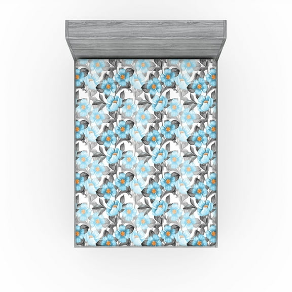 Ambesonne Floral Design Fitted Sheet, Drawings of Flowers, California King, Deep Sky Blue Pale Grey