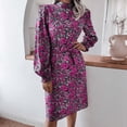 thumbnail image 2 of Robes d'Automne pour Femmes Manches Longues Lanternes Demi-Col Roulé Imprimé Floral Ceinture Décontractée Robes Midi Crayon, 2 of 7