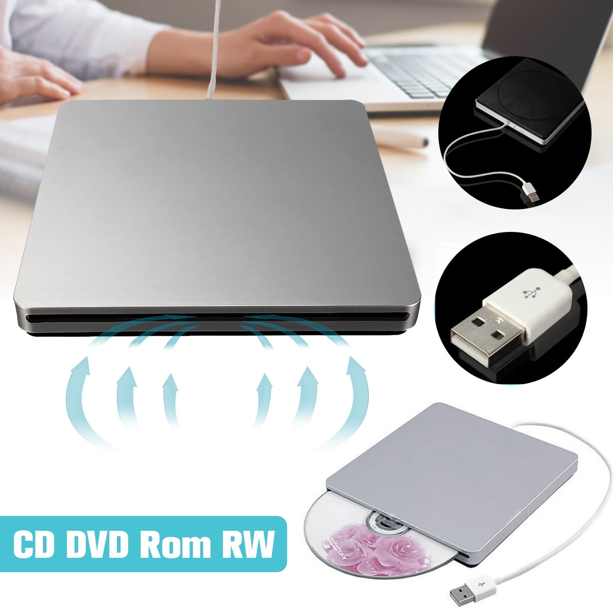 Suction Type Portable Usb External Cd Dvd Rw Rom Drive Burner Writer For Windows Mac Linux Walmart Canada