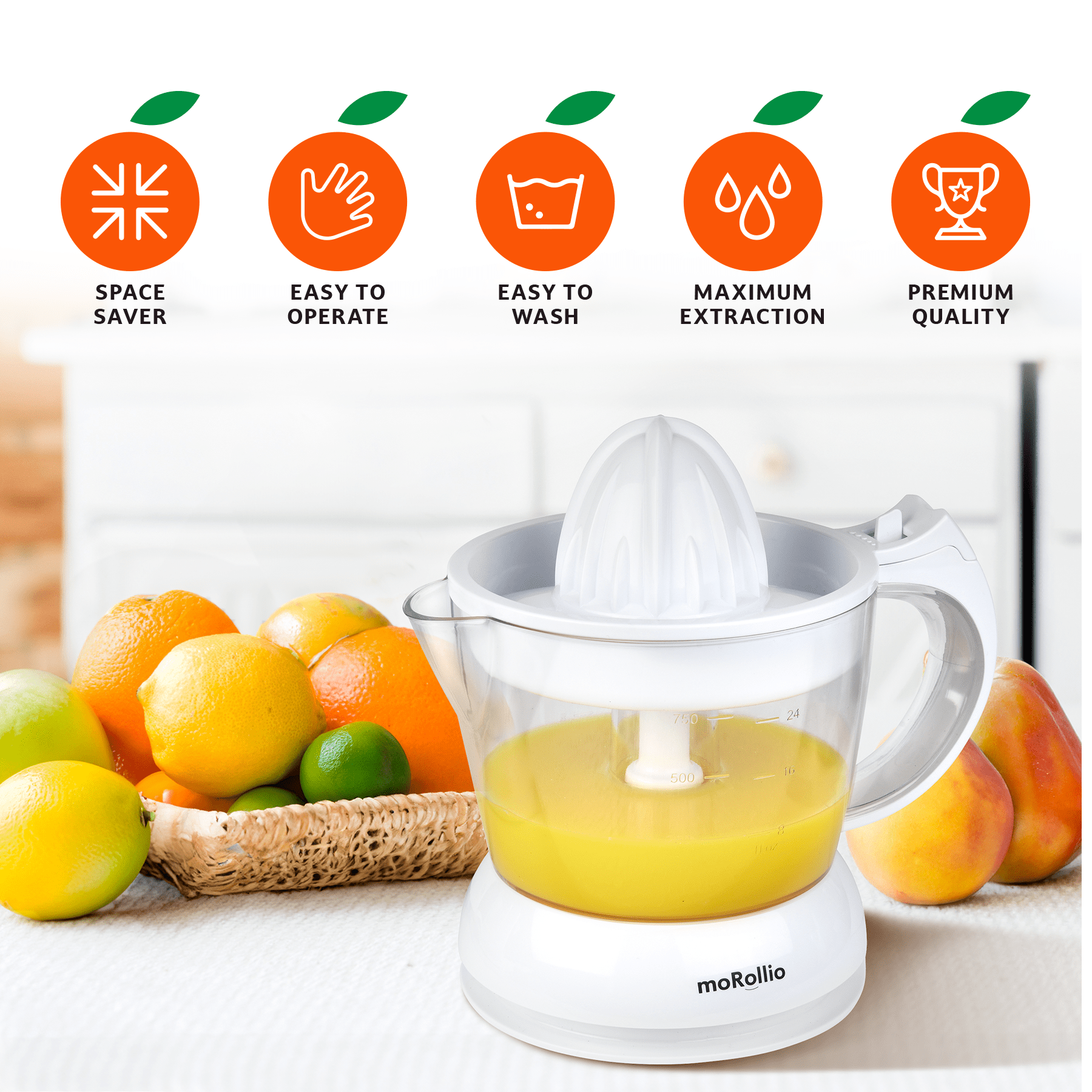 moRollio Electric Citrus Juicer, Compact Space-Saving Orange Juicer, 24oz