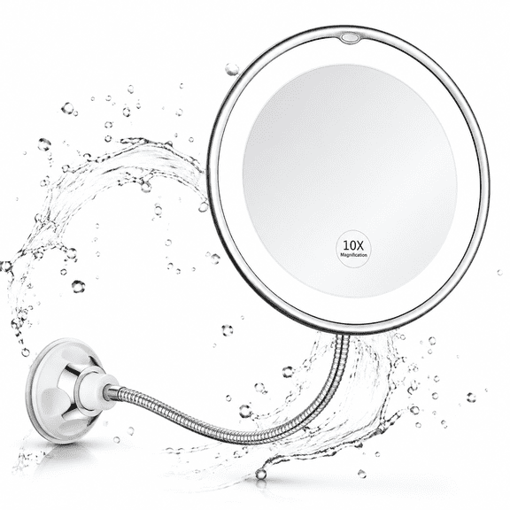 Flexible Gooseneck 10X Lighted Magnifying Mirror -8" Makeup Mirror with Lights and Magnification,LED Travel Vanity Mirror with Suction Cup for Bathroom,Battery Operated & Cordless