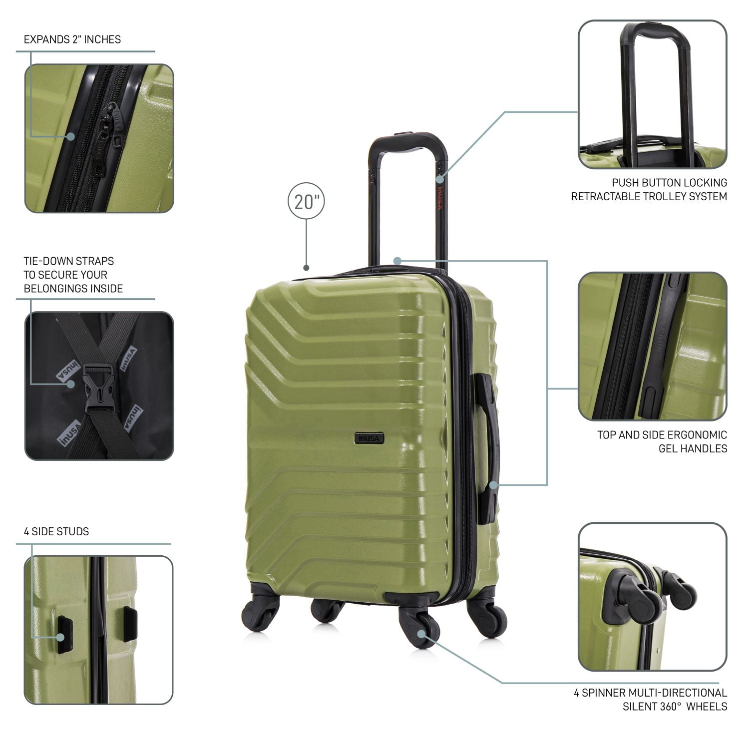 InUSA AURUM 20" Hardside Lightweight Carry On Luggage with Spinner Wheels, Handle and Trolley, Green