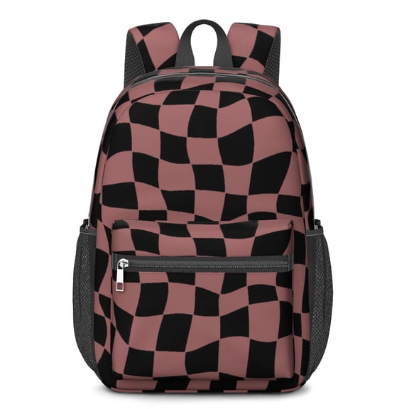 Pink and Black Wavy Checkered Pattern 17" School Backpacks for Teens,Waterproof Oxford Fabric,S-Shape Padded Straps for School,Travel,Hiking,Camping