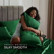 MR&HM Satin Sheet Set Queen 4 Pcs, Silky Elegant Luxurious Queen Size Bed Sheets, with Flat Sheet, Deep Pocket Fitted Sheet for Mattress and Matching Satin Pillow Cases (Queen Size, Dark Green)