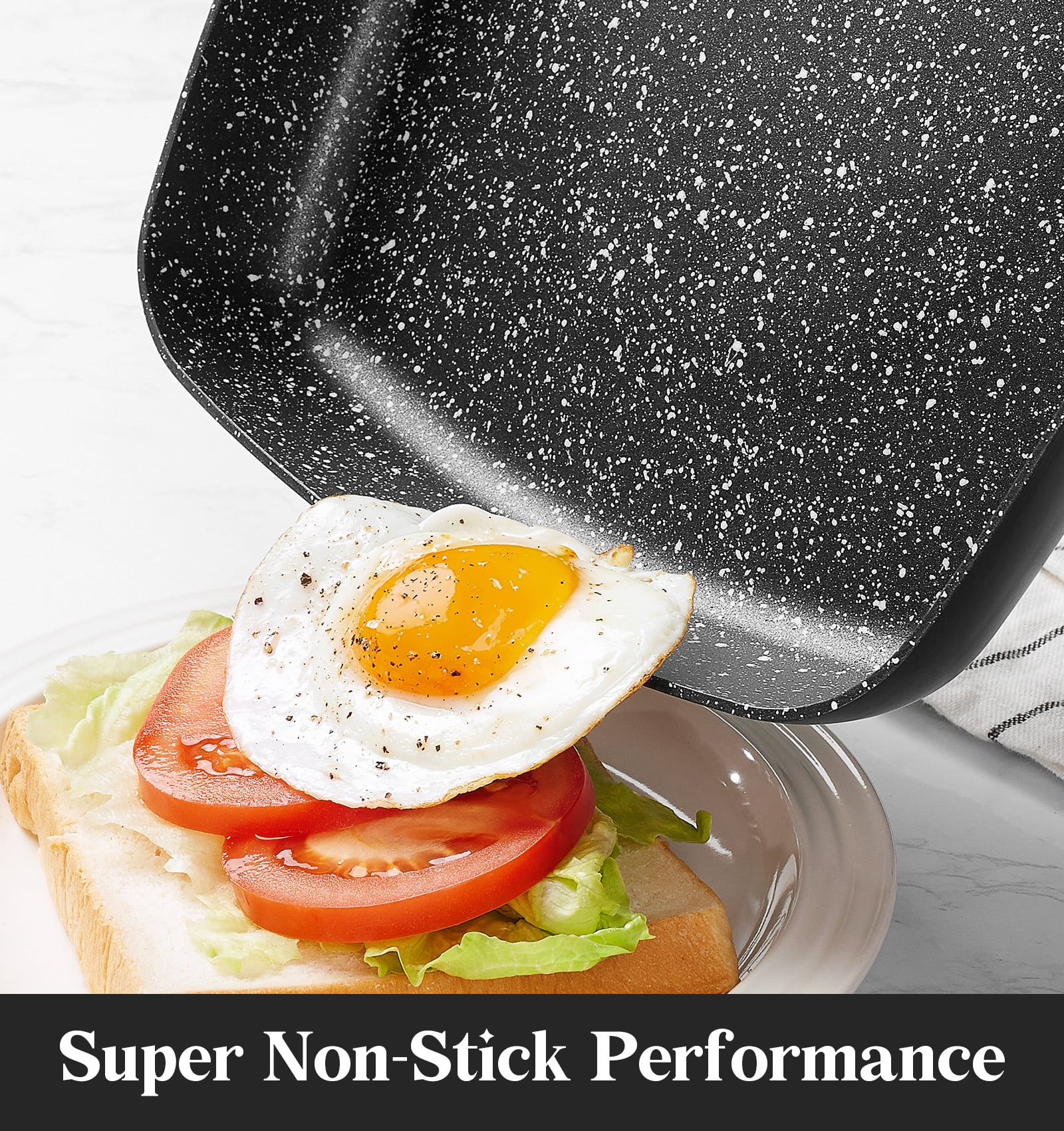 Koch Systeme CS 9.5 inch Nonstick Frying Pan with Lid, Square Omelet Pans, Compatible with All Stovetops, Black
