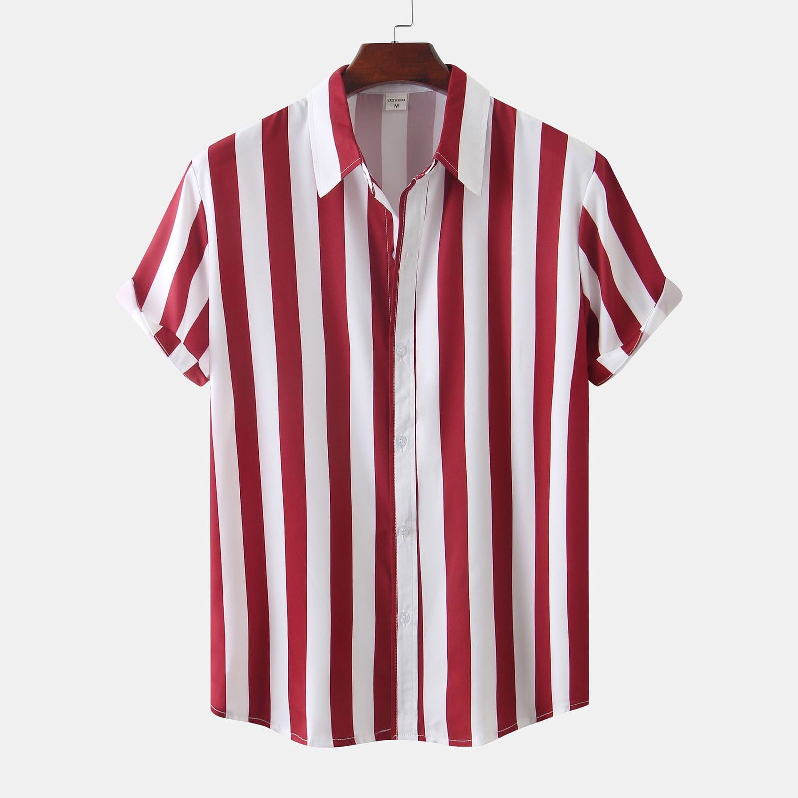 ZXHACSJ Men's Hawaiian Casual Striped Print Top Loose Comfort Short Sleeve  Shirt Red L