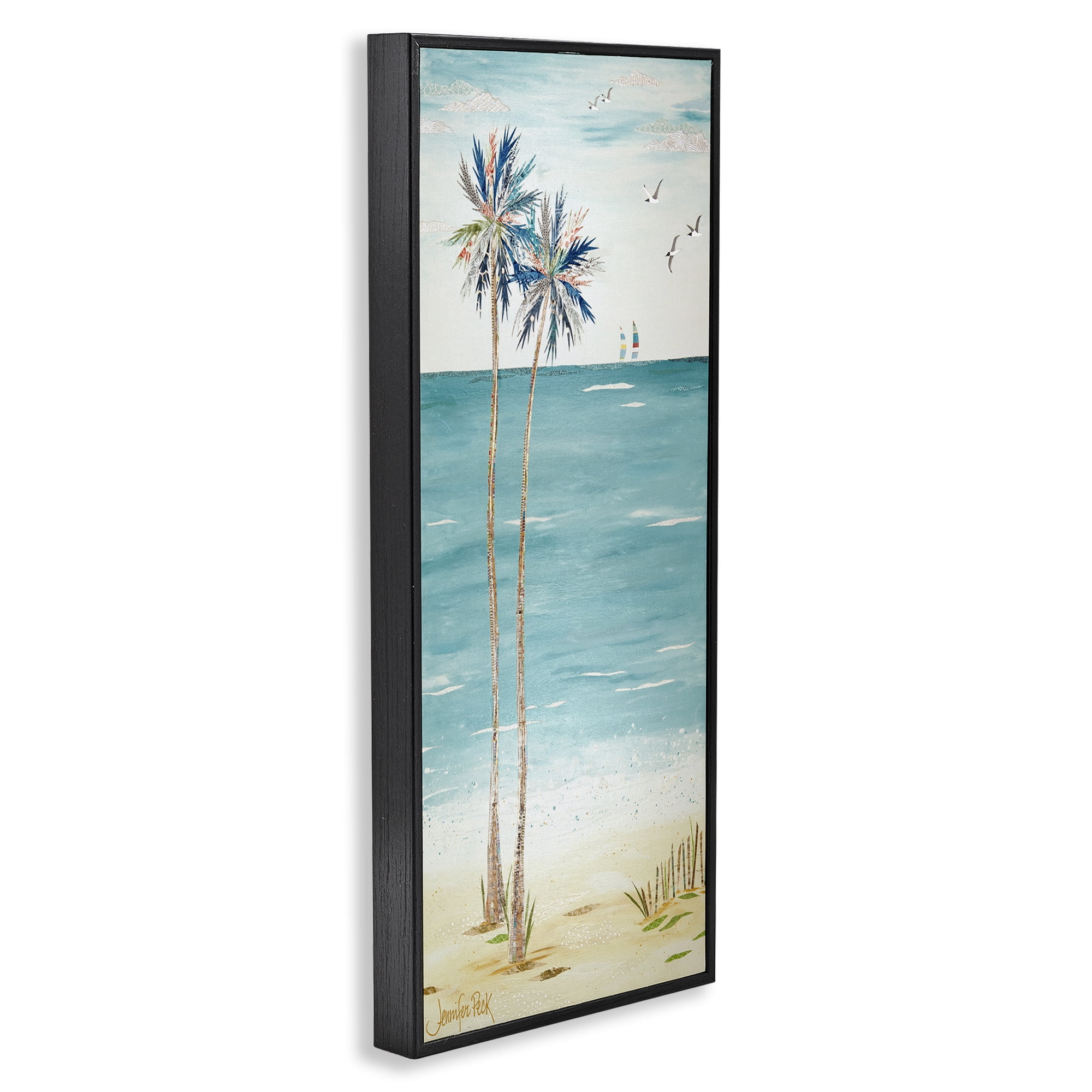 Stupell Industries Palms & Distant Boats Landscape Painting Black Framed Art Print Wall Art, 13 x 30
