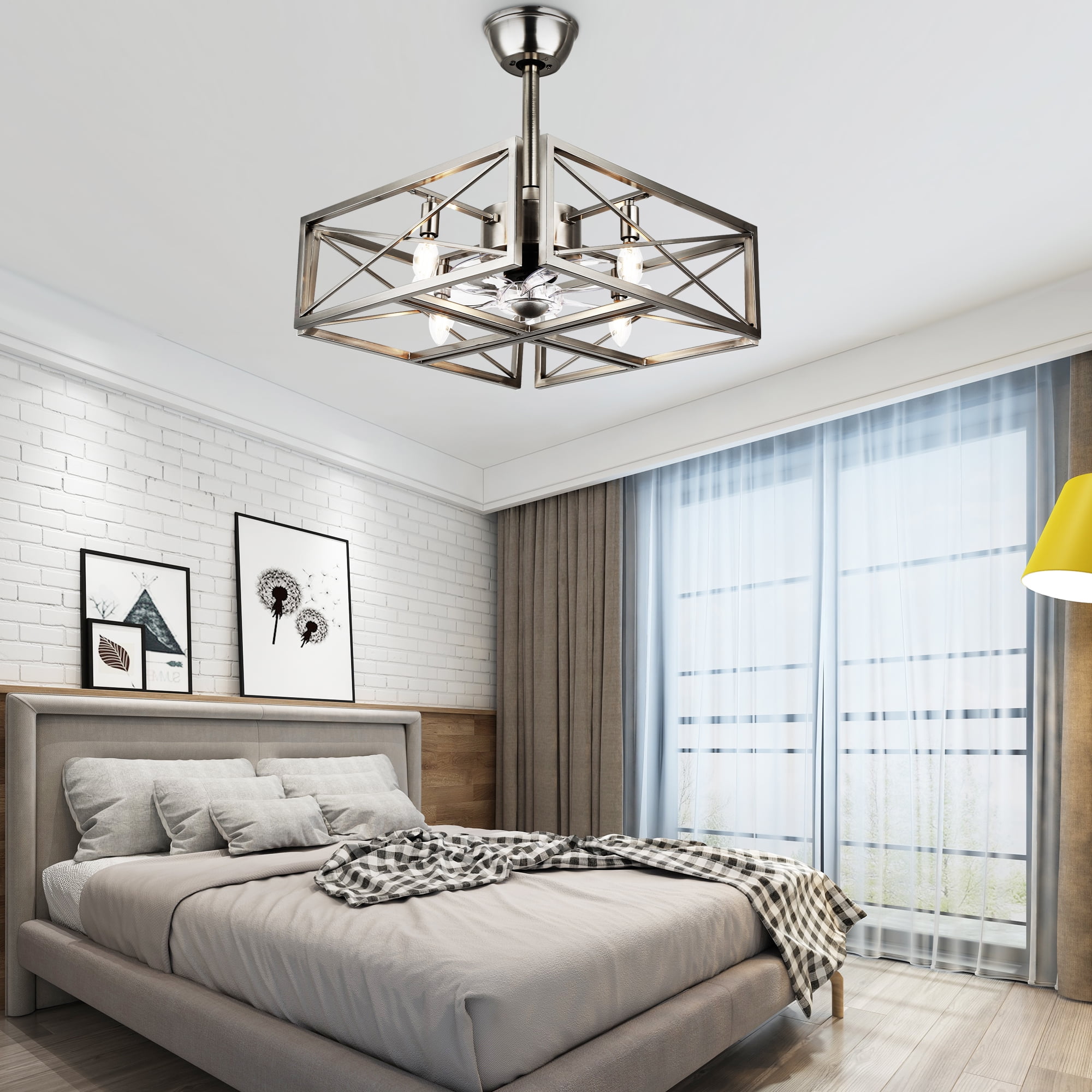 Cusp Barn 20'' Brushed Nickel Ceiling Fan with Lights, Modern Caged Chandelier Flush Mount Ceiling Fan for Bedroom Kitchen