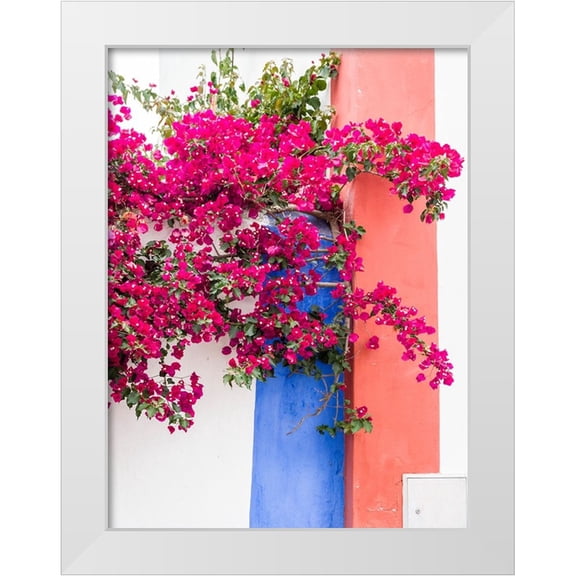 Eggers, Julie 12x14 White Modern Wood Framed Museum Art Print Titled - Portugal-Obidos-Dark pink bougainvillea vine against a blue-orange and white striped wall