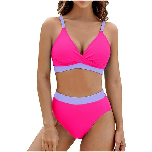 Dezsed Women's Bikini Sets Two Piece Swimsuit High Waisted V Neck Wrap Front Adjustable Spaghetti Straps Bathing Suit Hot Pink S