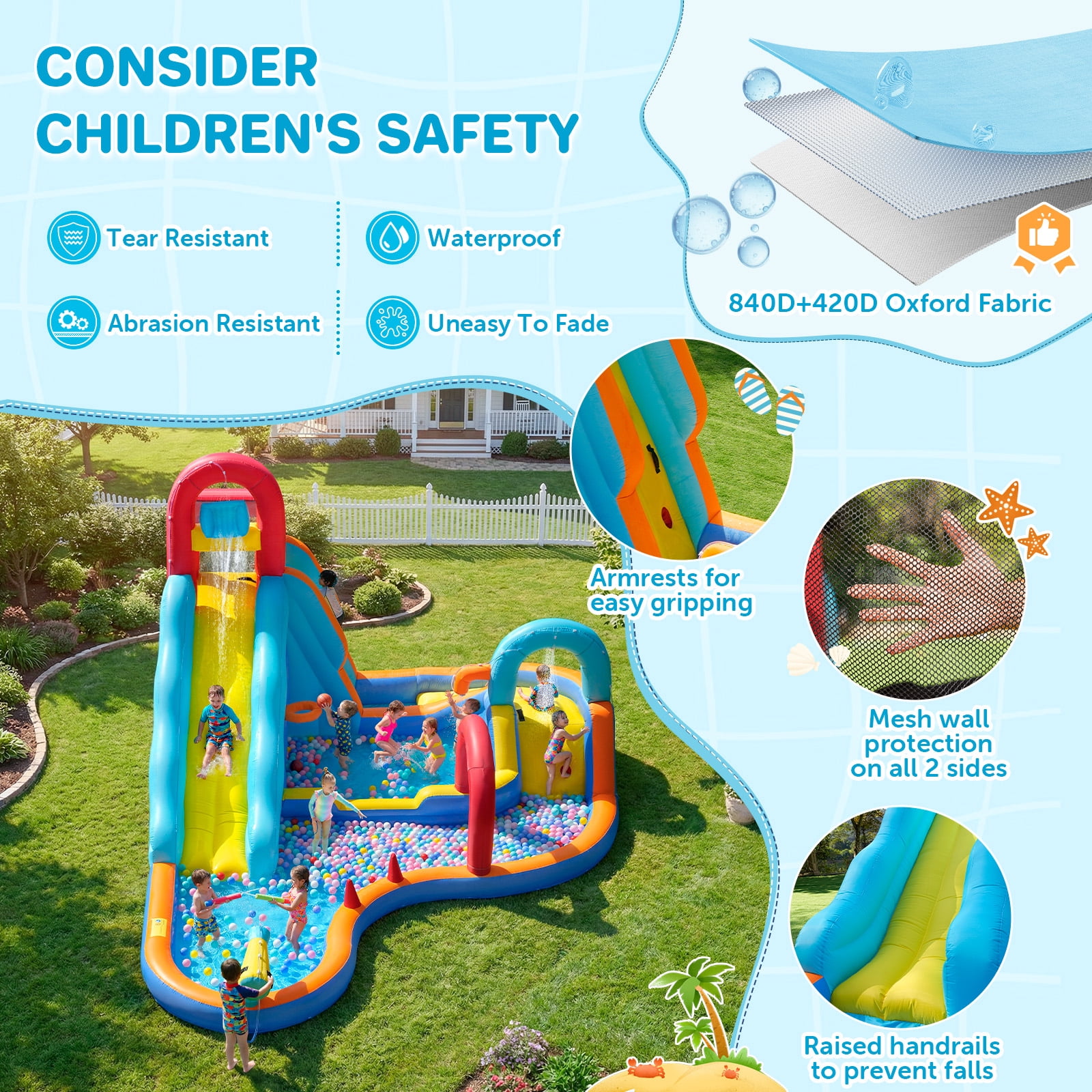 Patbrela Inflatable Water Slide Bounce House with Blower, 202x145x100inches, 12-in-1 Water Park with Extra Long Water Slide, Deep Pool, Basketball Hoop, Water Basin, Spray Door, Indoor/Outdoor