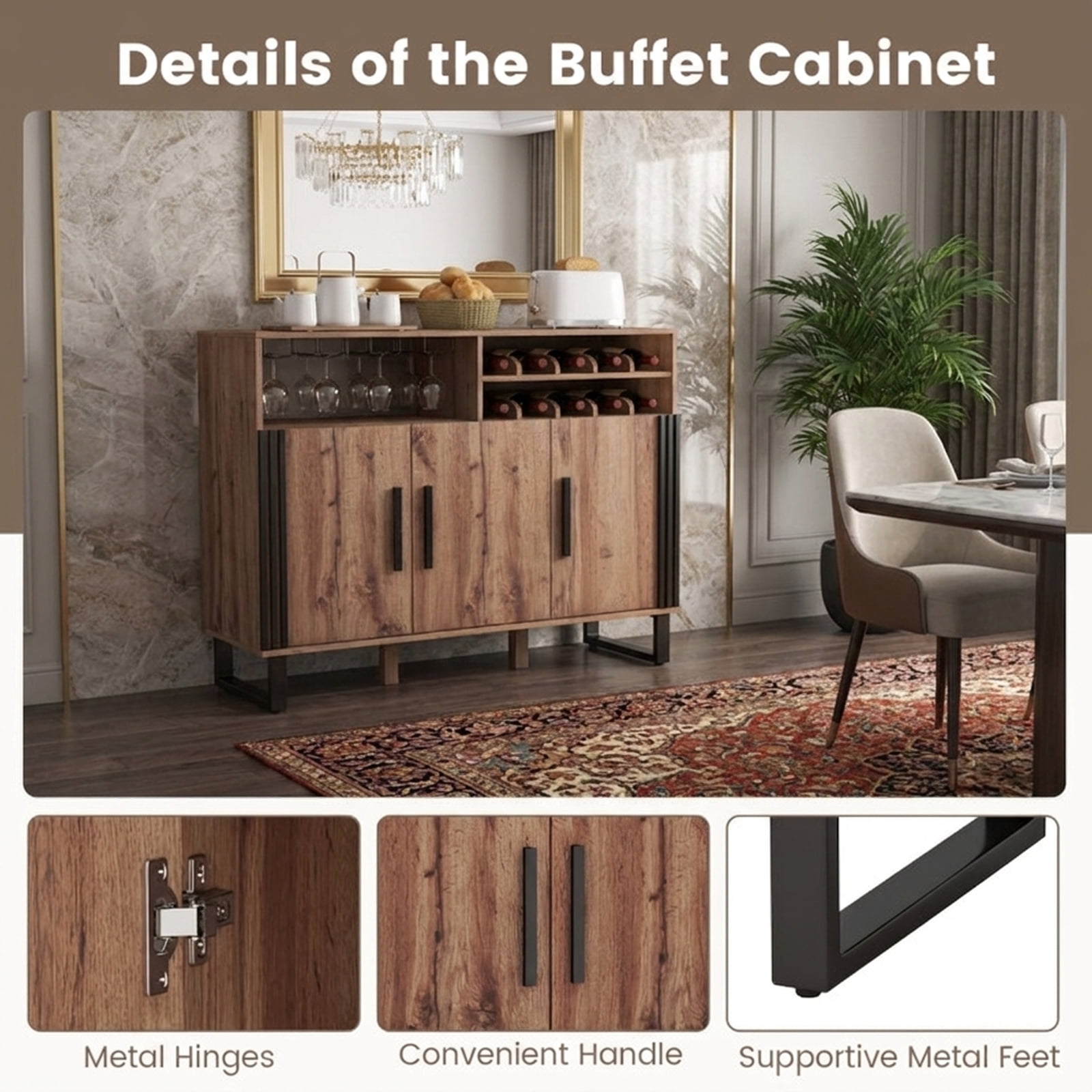 Furnibear 47" Wine Bar Cabinet with Wine Rack and Storage with Adjustable Shelves for Kitchen Pantry - Brown