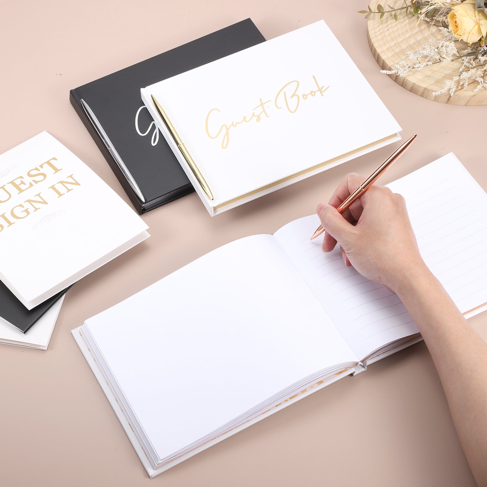 Uxcell Guest Book, 9x7" Elegant Wedding Guestbook Black Cover Memory Book with Diamond Signing Pen and Greeting Card for Wedding Bridal Shower Birthday Party Events, Silver Tone