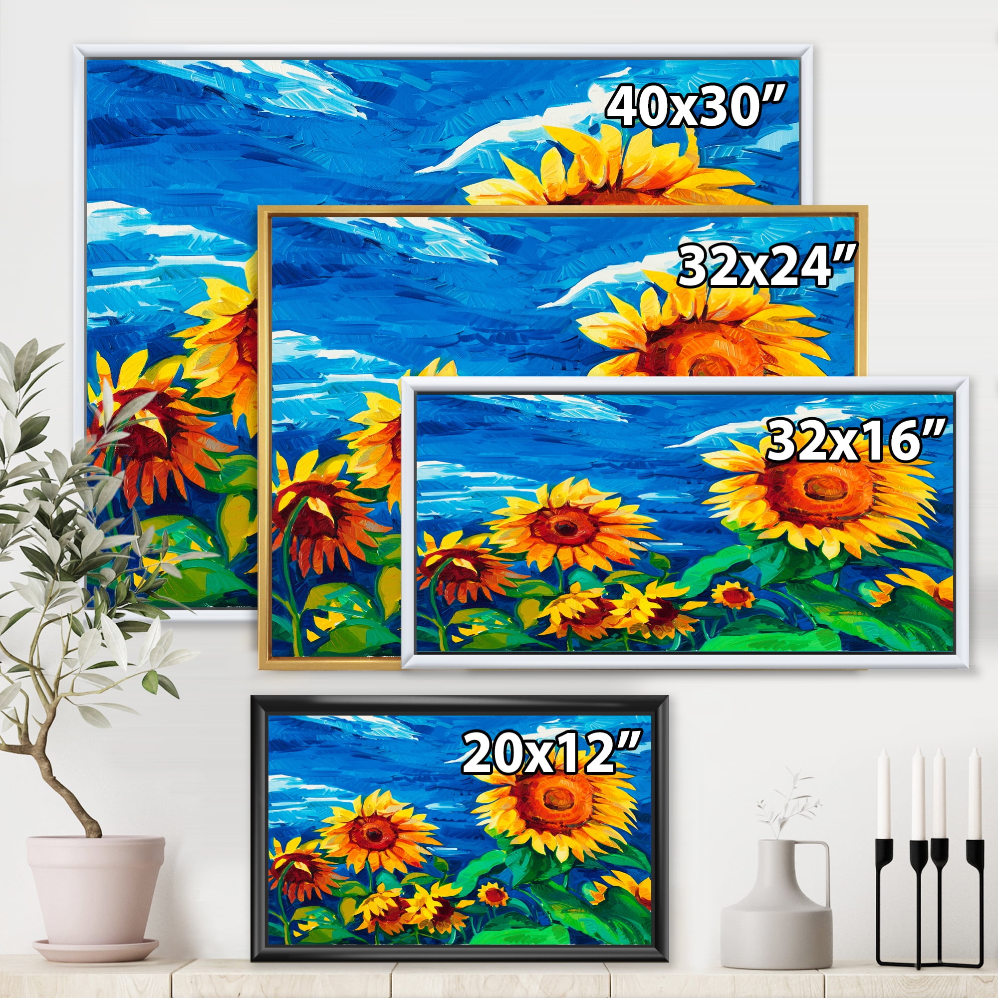 Sunflowers Field Under A Bright Blue Sky 20 in x 12 in Framed Painting Canvas Art Print, by Designart