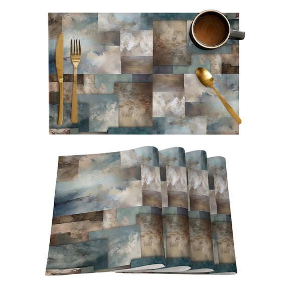Blue Brown Geometric Placemats Set of 6, Modern Ombre Abstract Art Placemats for Dining Table, Place Mats for Kitchen Tabletop, Waterproof Wipeable Dining Table Mats Set
