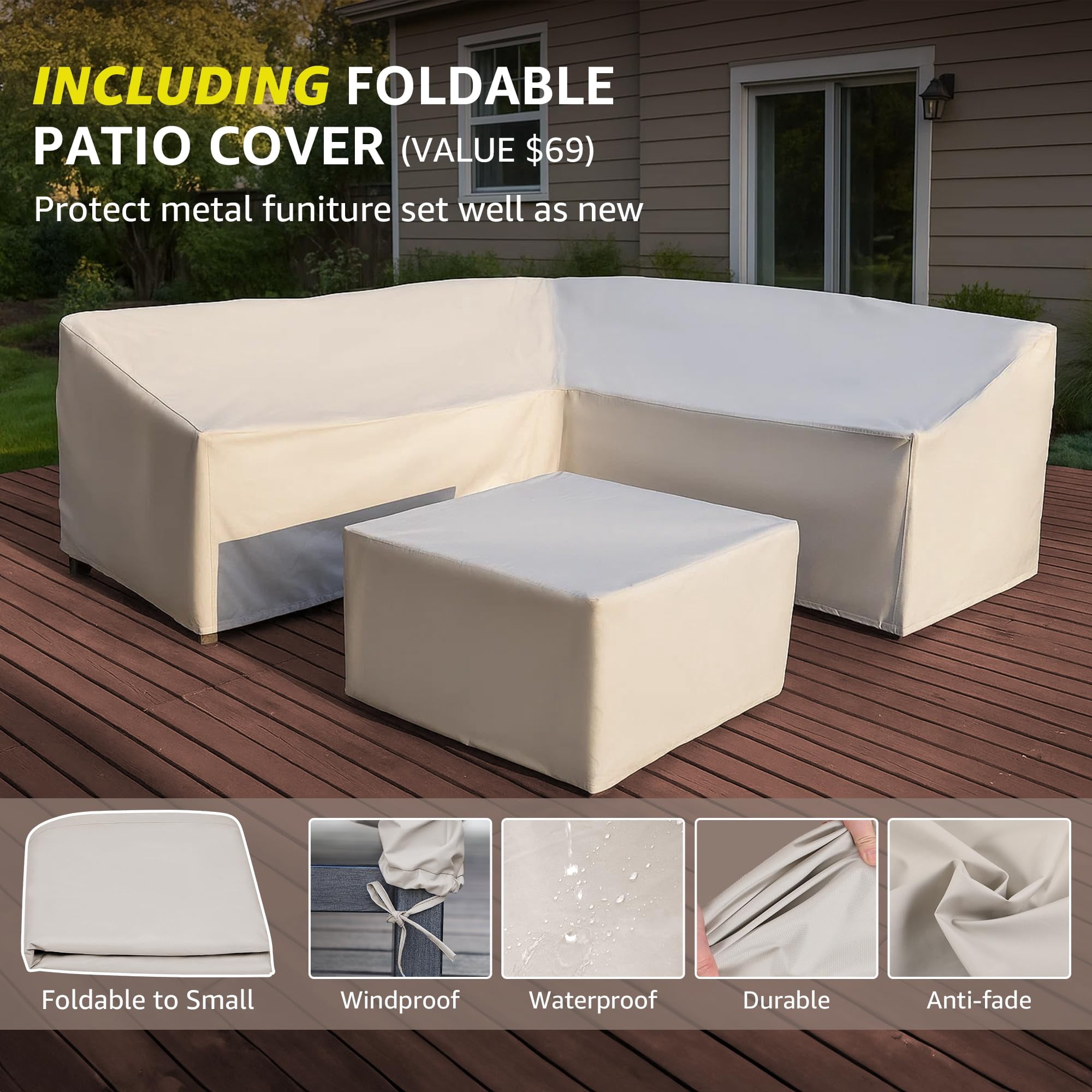 NATURAL EXPRESSIONS 6 Pieces Patio Furniture Sets, Metal Patio L Shape Sectional Couch Sofa Conversation Sets with 6.5" Shale Cushions,HighBack Hand-Brush Black Frame