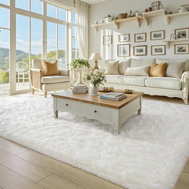 Alfombra Benron Fluffy para salón, 150 x 240 cm, color blanco crema
