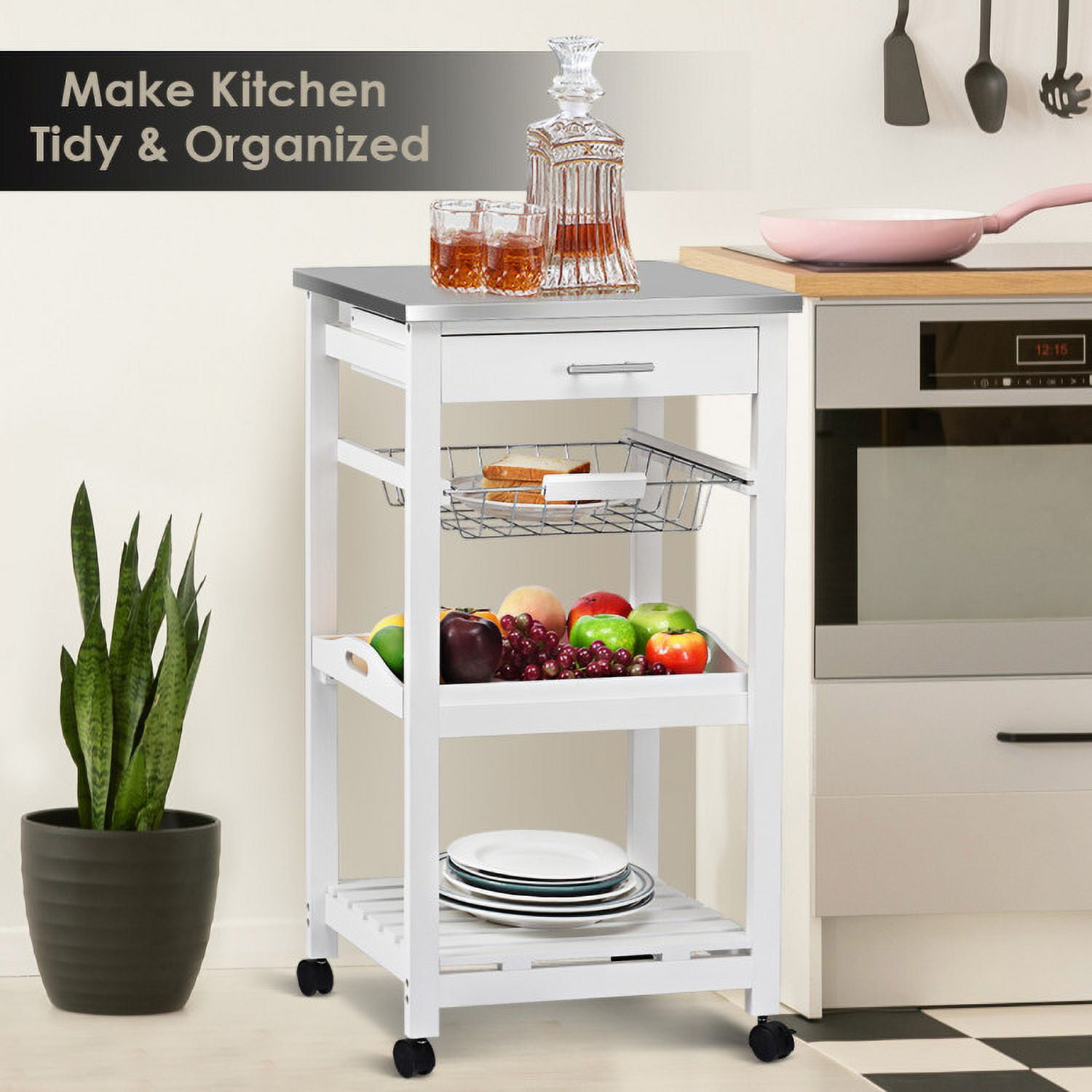 Finihen Rolling Cart, Kitchen Island Cart, Kitchen Island Cart with Stainless Steel Tabletop and Basket, for Kitchen, Dining Room, White Finihen Rolling Cart, Kitchen Island Cart, Kitchen Island Cart with Stainless Steel Tabletop and Basket, for Kitchen, Dining Room, White