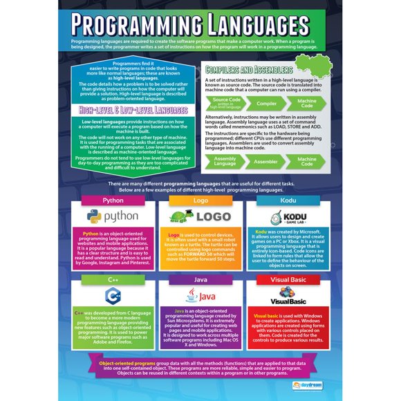 Programming Languages Classroom Poster - EXTRA LARGE 33” x 23.5” - Gloss Paper - Computer Science Middle & High School Class Decoration - Wall Charts by Daydream Education.