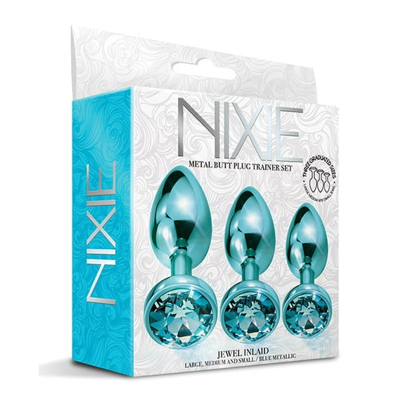 Nixie Metal Butt Plug Trainer Set W/inlaid Jewel - Blue Metallic