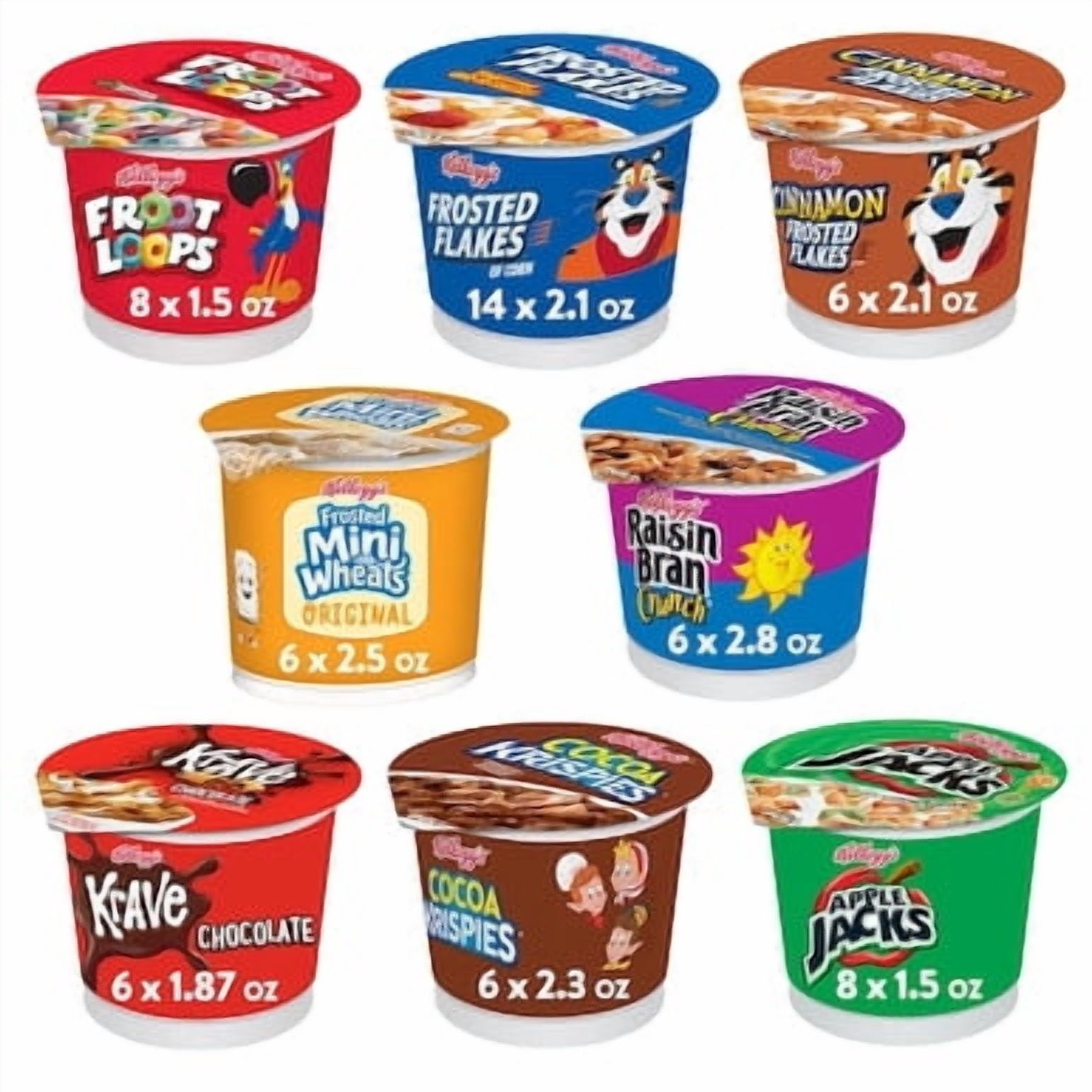 Kellogg's Cereal in a Cup Variety Pack - 8 Tasty Flavors, Portable Breakfast, Bulk Size (Pack of 60 Cups)