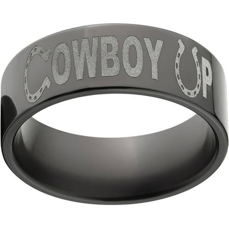 8mm Flat Black Zirconium Ring with Cowboy Up Laser Design